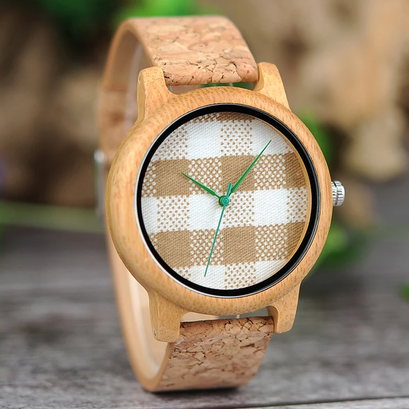 BOBO BIRD Cloth Dialplate Bamboo Wood Watch for Men Leather Strap Japan Quartz Wood Watches Women as Fashion Accessories