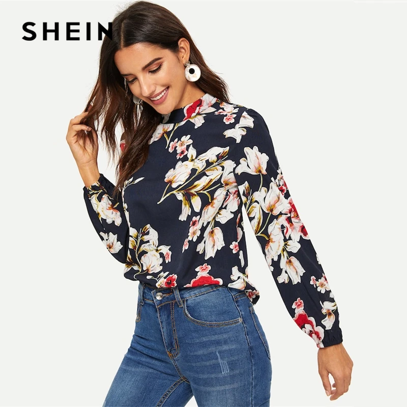

SHEIN Navy Mock Neck Floral Print Top Women 2019 Spring Stand Collar Long Sleeve Office Ladies Minimalist Tops and Blouses