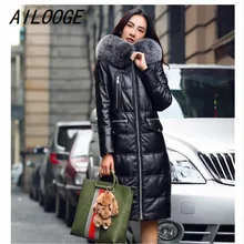 AILOOGE натуральная кожа куртка Для женщин белый парка-пуховик с утиным пухом тонкие длинные натуральный мех мода с капюшоном свободные овчины CoatsPlus Размеры