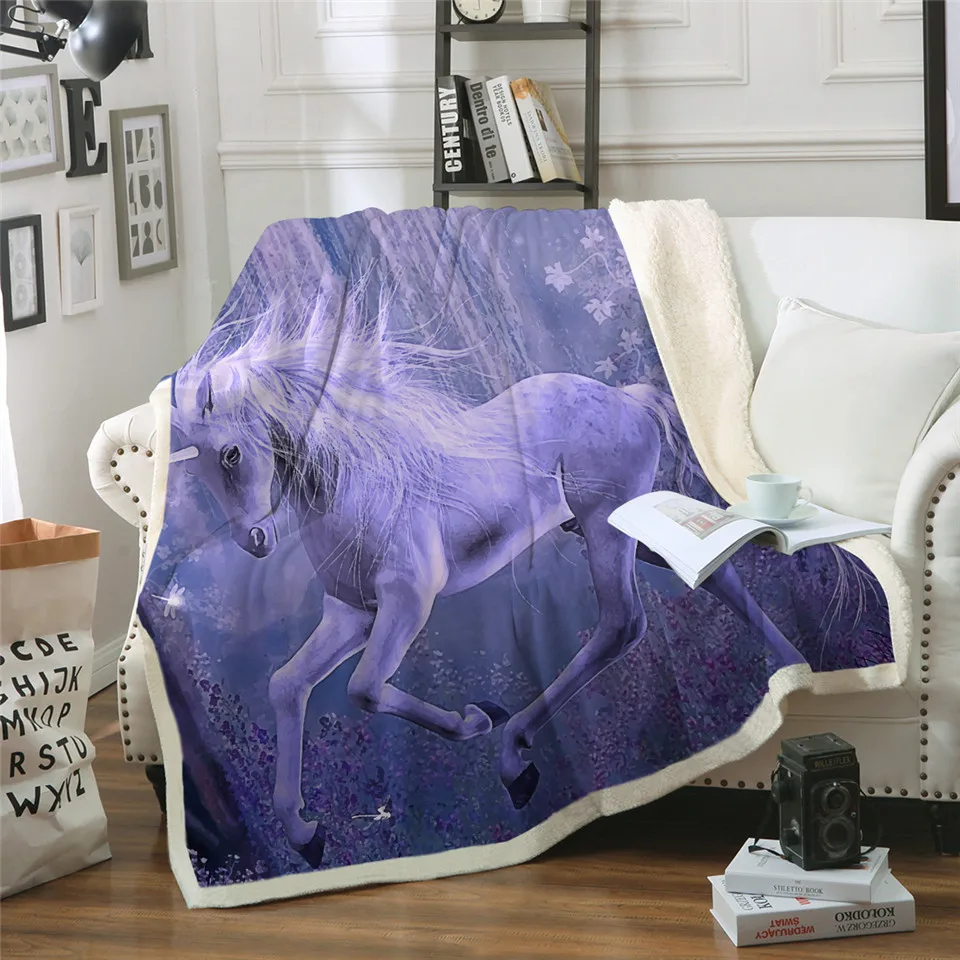 Фиолетовое одеяло с единорогом, шерпа, покрывало на кровати, 3D цветочный рисунок, живописное плюшевое одеяло, покрывало для дивана, 130x150, тонкое одеяло
