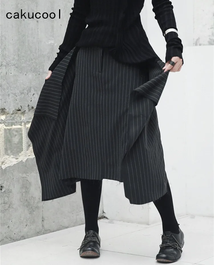 

Cakucool New Women Japanese Style Skirt Autumn Asymmetric Designer Black Striped Ripped Edges Streetwear Midi Skirts For Women