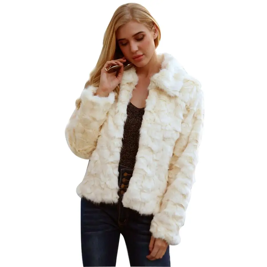 Femmes 2018 Solide Manteau Beige Col Survêtement De Furry Automne Court D'hiver Fourrure Turn Faux down Pardessus Casual Partie BwwPqxI