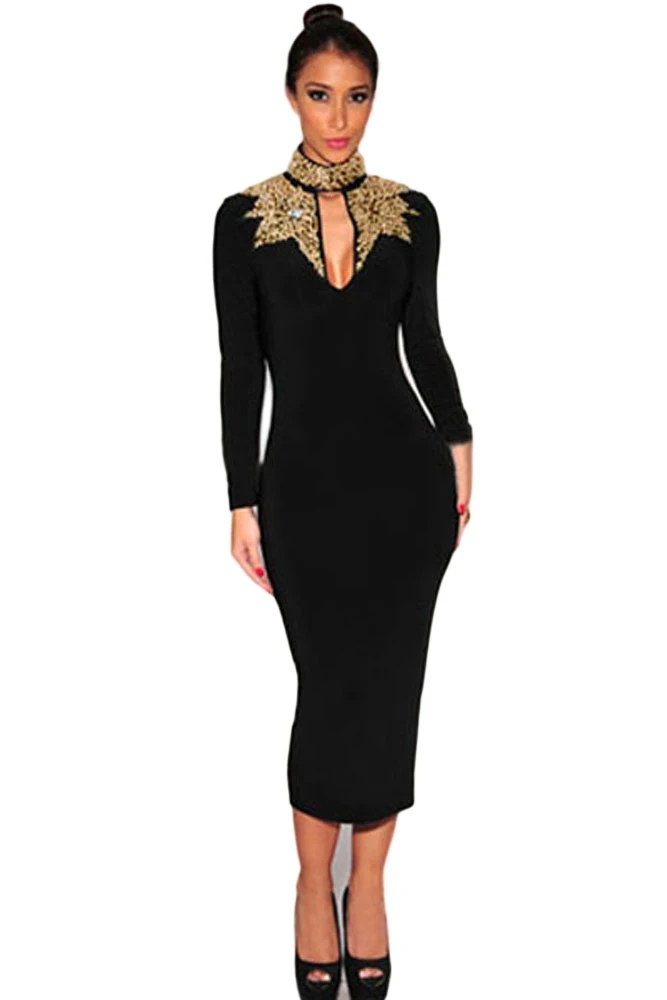 black gold sequins long sleeves midi dress