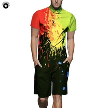 Летние мужские комбинезоны с коротким рукавом, 3D комбинезон, цельные короткие штаны, комбинезоны с карманами на пуговицах