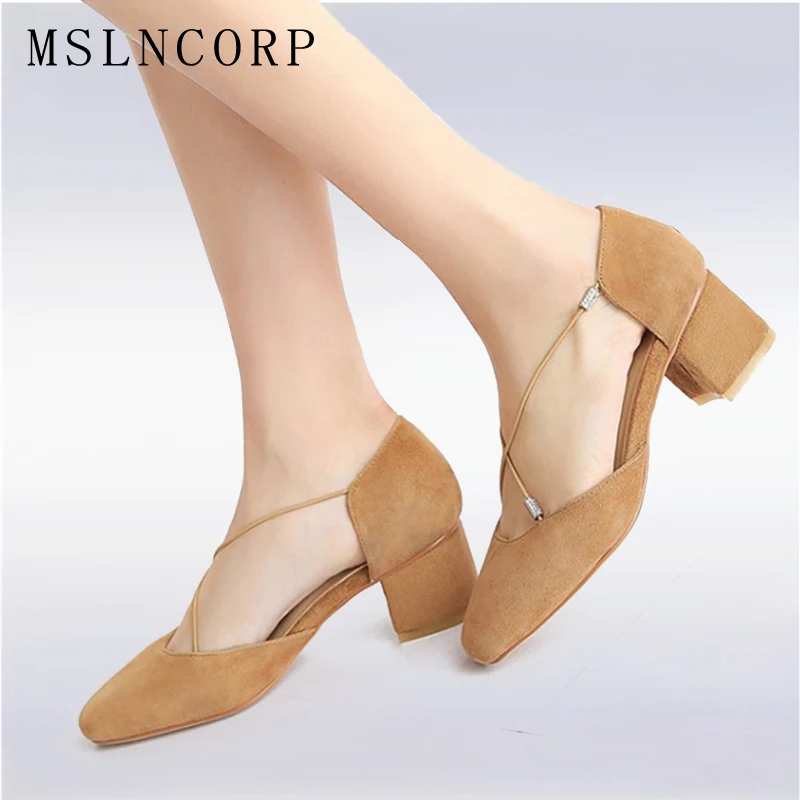 

Size 34-43 Cross tied Genuine Leather Sandals Women Square Toe Med Heels Fashion Concise Rome Casual Shoes Comfort Dress Shoes