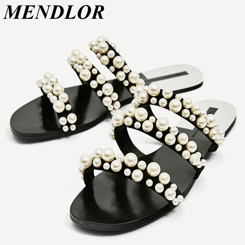 

Fashion Summer Beach Party Dresses shoes Fulgurant Pearl Sandals thin Belt Roman Flat Women Flip Flops Casual Flat Slippers