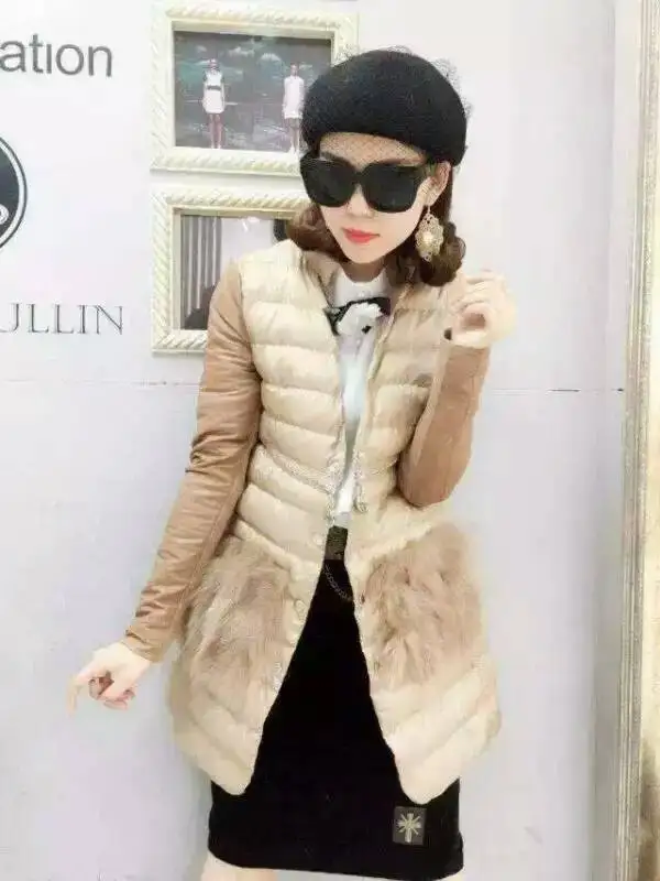 

2015 new winter cotton padded down lady in the long fur coat pocket stitching