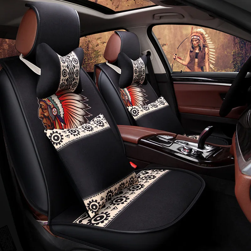 

KKYSYELVA Four seasons universal five-seat cartoon car seat goddess models linen full surrounded by car seat cover