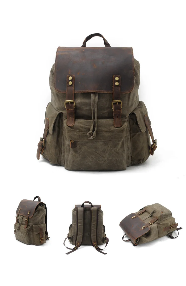 COLOR DISPLAY ARMY GREEN of Woosir Vintage Waxed Canvas Leather Waterproof Travel Backpack