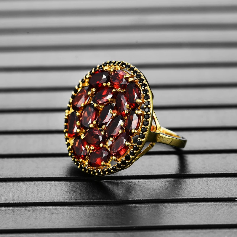 Кольцо с натуральным драгоценным камнем, гранат, Стерлинговое серебро 925, желтое кольцо, классический стиль, подходит для женщин, юбилеи и свадьбы