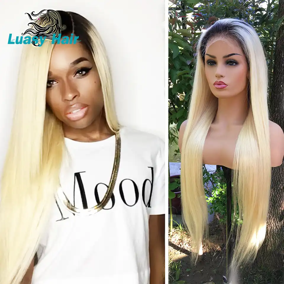 Luasy Dark Root Blonde Human Hair Wig For Black Women Remy 1b 613