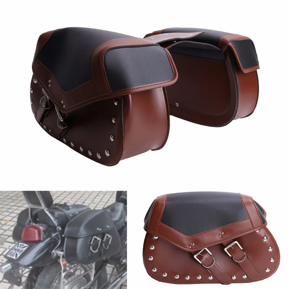 2x Brown Leather Rivet Studded Motorcycle Saddle Bags Leather Motorbike Saddle Bag Tool C/5-in ...