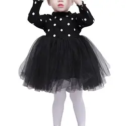Маленьких Обувь для девочек из сетки в горошек платье с бантом 2017 осень-зима с длинным рукавом платье-пачка принцессы Платья для женщин