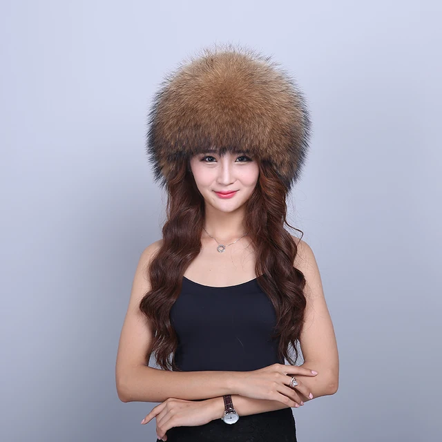 Cheap Women's Hat  Women' Real Raccon Fur Nature Solid Warm Thick Winter Female Cap Fashion  Hat Lady Winter Real Fur Hat For Girl