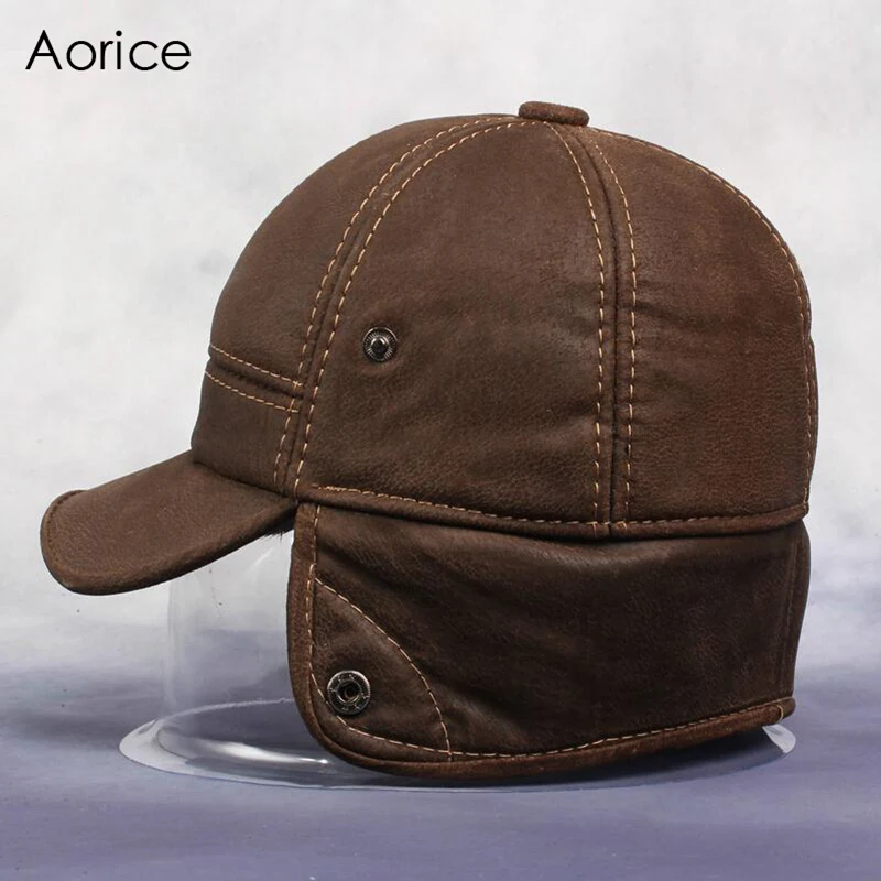 Billige Aorice 2017 Herbst Winter Neue Mode männer Peeling Echtem Leder Baseball Winter Warme Baseball Hut Kappe 2 farben HL083