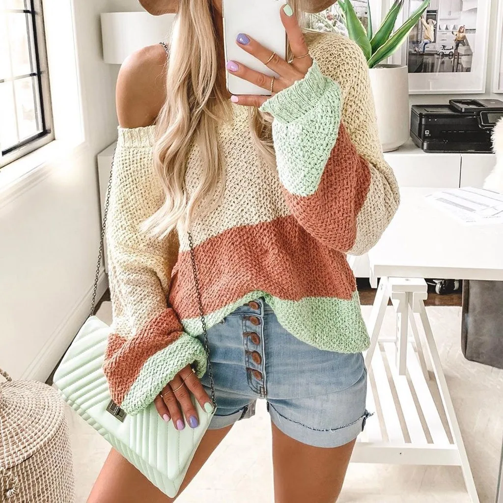 

One-Shoulder Rainbow Stripe Knitted Sweaters 2019 Autumn Winter Women Pullovers Long Sleeve Jumper Pull Femme Clothing z0703