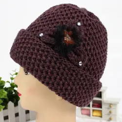 Модные осенние и зимние женская шапка среднего возраста хлопок теплая шапка для женщин мама бабушка цветок Толстая однотонная вязаная