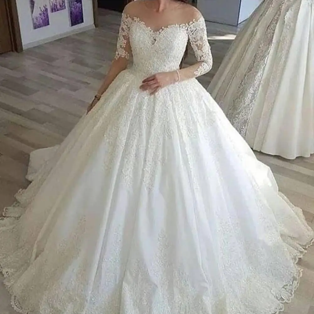 

Angel Married illusion o neck lace satin wedding dress ball gown long sleeves bridal dress wedding gown vestido invitada boda