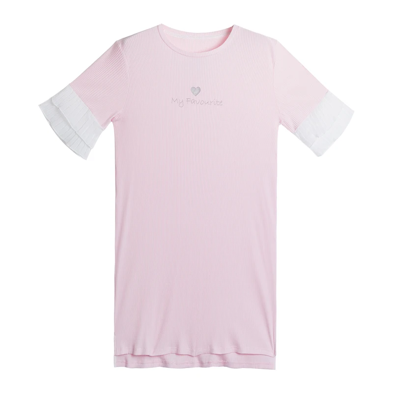 THREEGUN/Ночная рубашка из шифона с оборками и рукавами в полоску; хлопковое Ночное платье; коллекция года; летняя винтажная длинная футболка для сна - Цвет: Pink