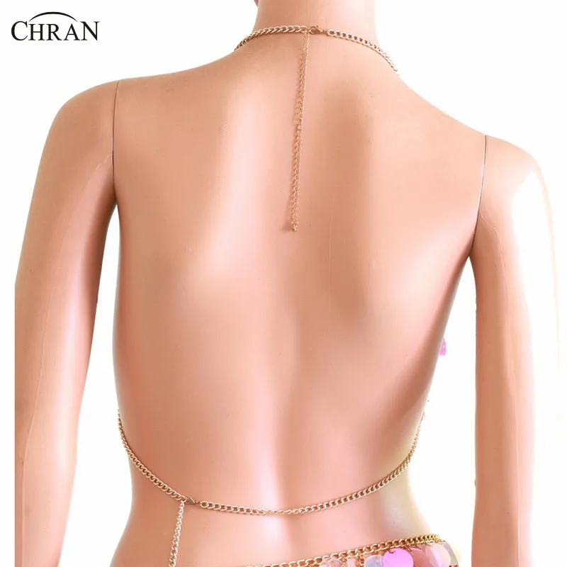 Chran Bikini Mesh Pink Sequin Chain Bra Body Jewelry Sexy Showgirl Belly Dance Bra Festival Wear