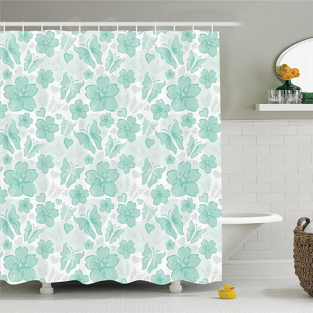 Turquoise Decor Shower Curtain Set Flowers Butterflies Leaves Pattern
