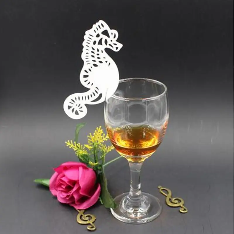 

100pcs Lacer Cut Paper Hippocampus cards Table Paper Wine Glass Cup Card Escort Table Mark for Wedding Party Home Decorations
