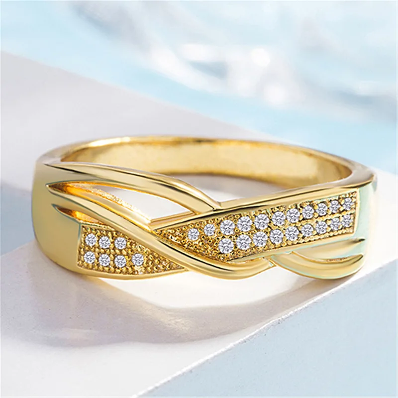 Кольца для женщин, подарок на день Святого Валентина, модные спиральные кристаллы, золотого цвета, среднее кольцо, кубический цирконий, ювелирное изделие