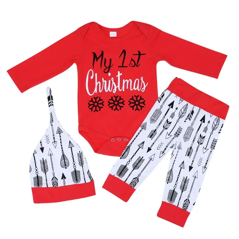 

3pcs/set My First Christmas Baby Clothes Set New Year's Costume Newborn Long Sleeve Rompers Pants Hat Kids Clothing