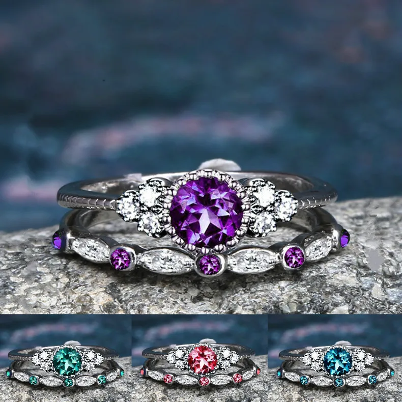 Классические кольца из 2 предметов с синим камнем и цирконием для женщин, кольца из нержавеющей стали с кристаллами, вечерние ювелирные изделия для пляжа в стиле бохо