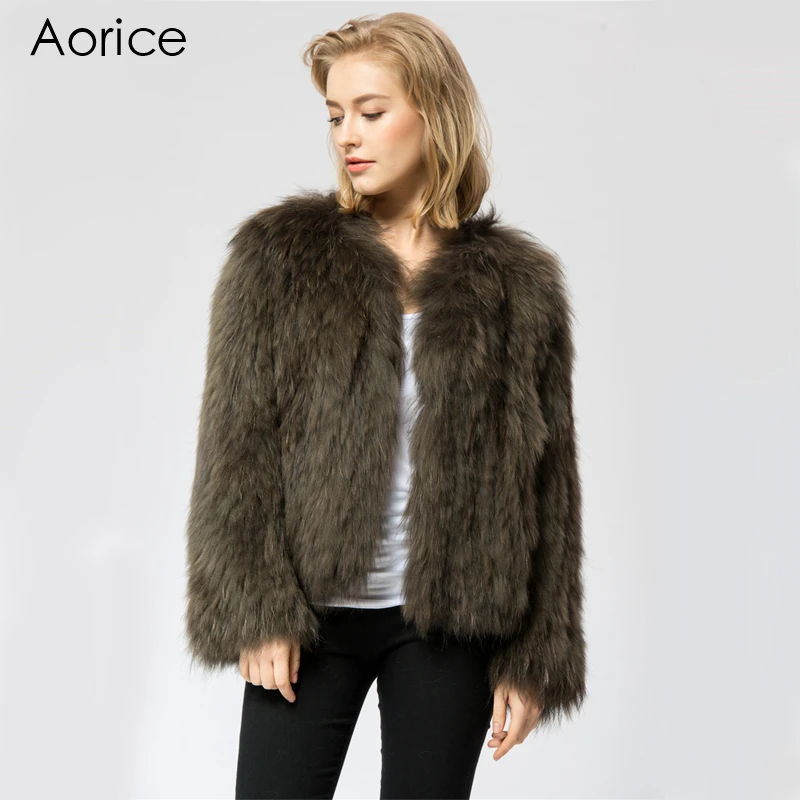 CR066 knit knitted 100 Real raccoon fur coat jacket overcoat women's