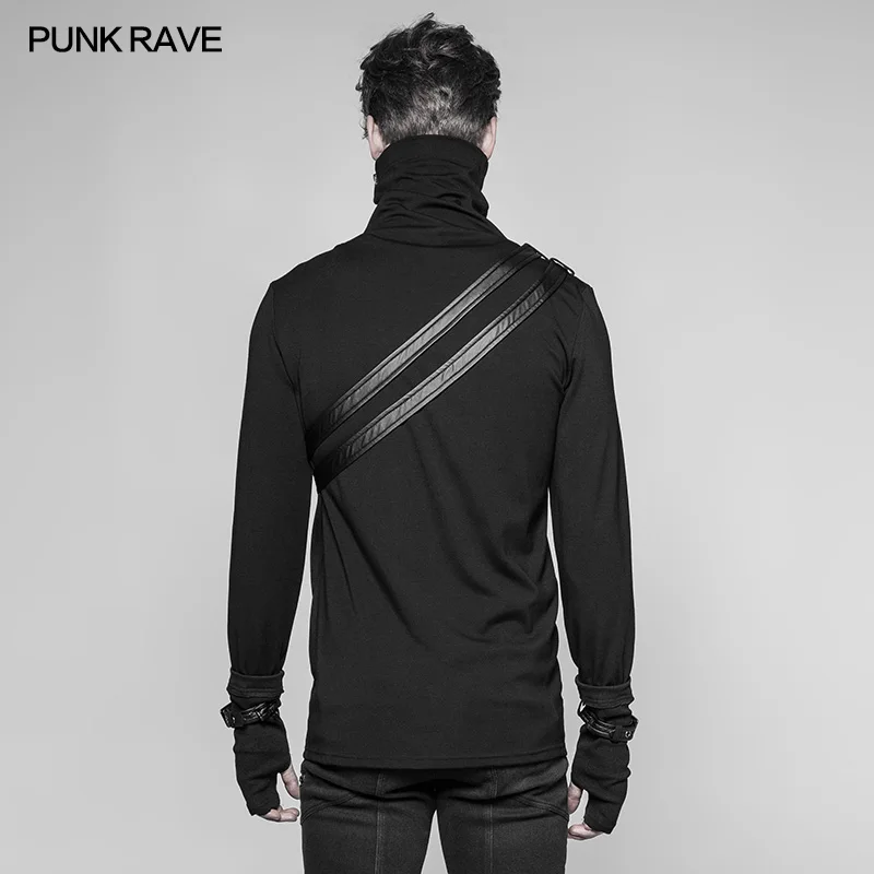 Punk Rave Rock Black Fashion Casual Gothic Steampunk Long Zipper Turtleneck Men's T-shirt WT527