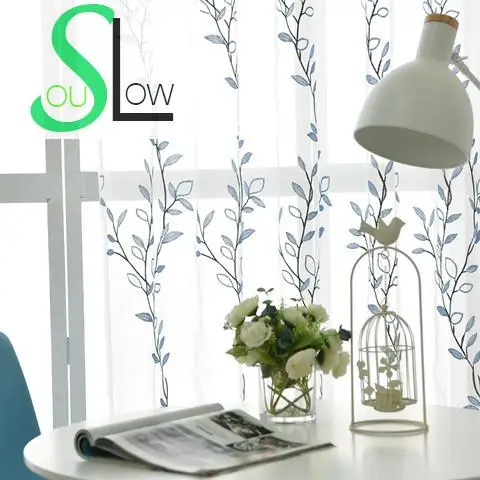 Slow Soul azul blanco algodón cortina pastoral bordado hojas Cortinas tulle para sala cocina dormitorio