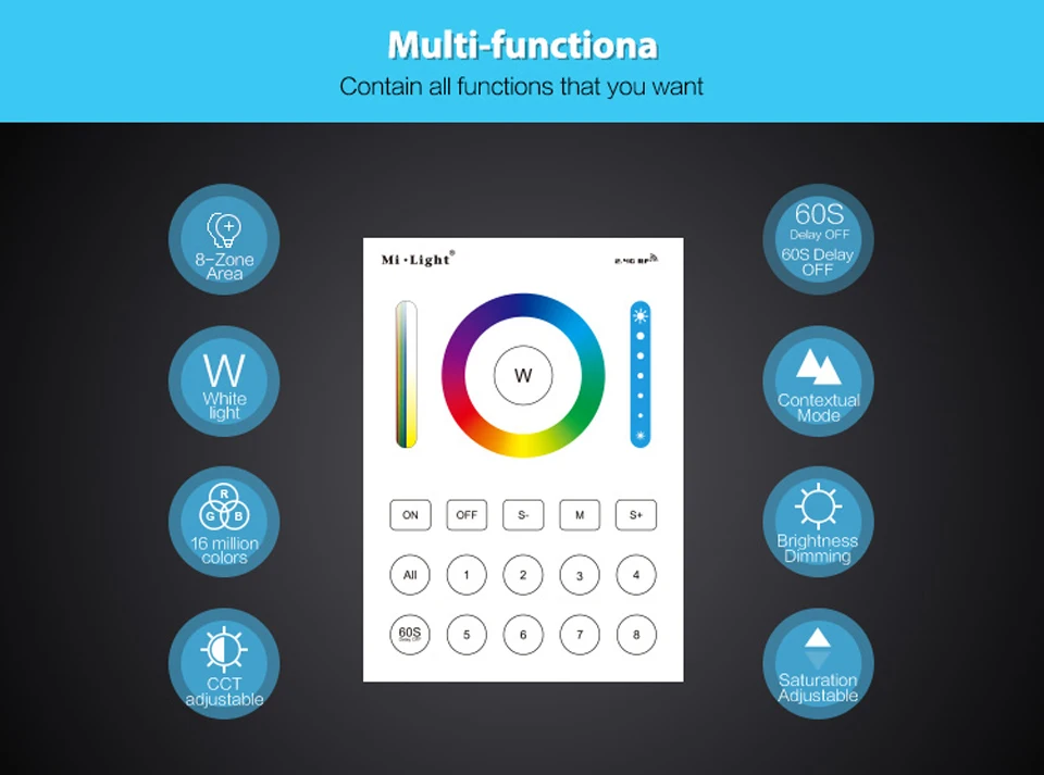 Ми свет LED контроллер 2.4 г беспроводной 8 зон РФ Диммер дистанционного B8 touch LS2