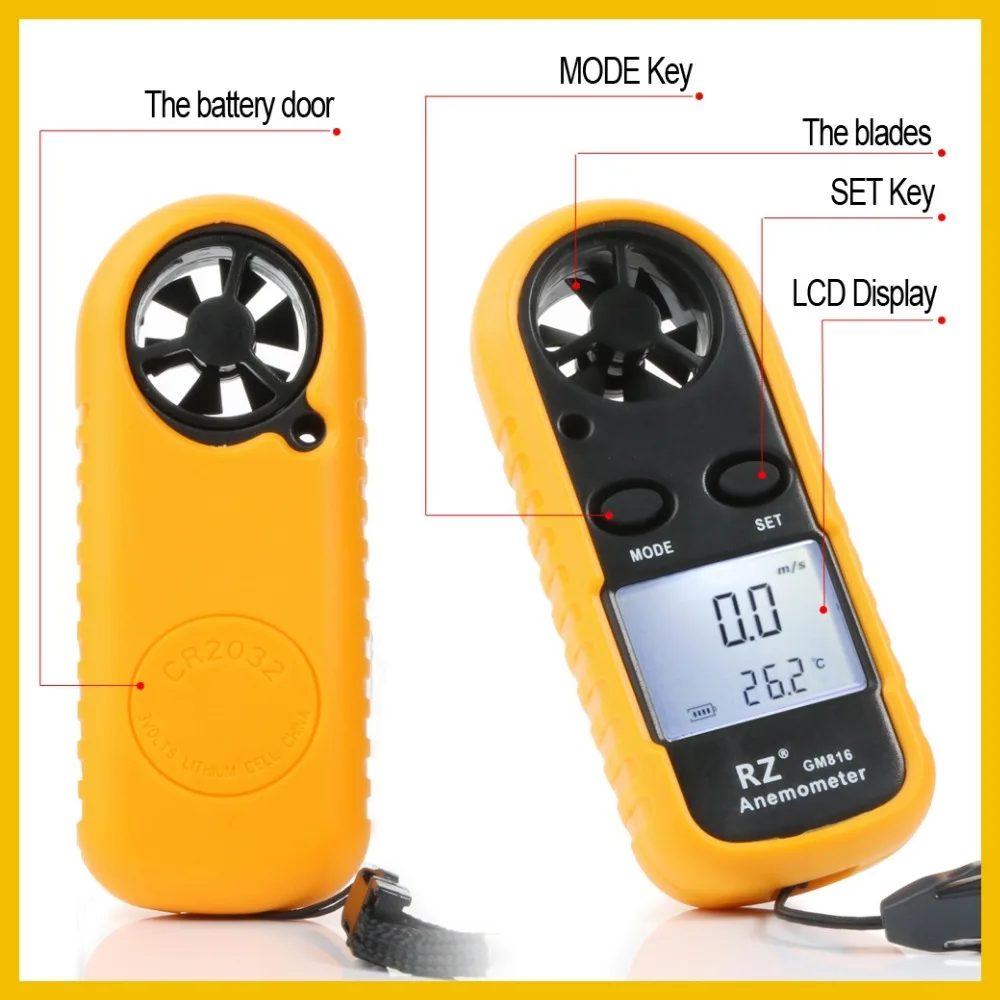 RZ 818 Portable Anemometer Anemometro Thermometer GM816 Wind Speed Gauge Meter Windmeter 30m/s LCD Digital Hand-held tool