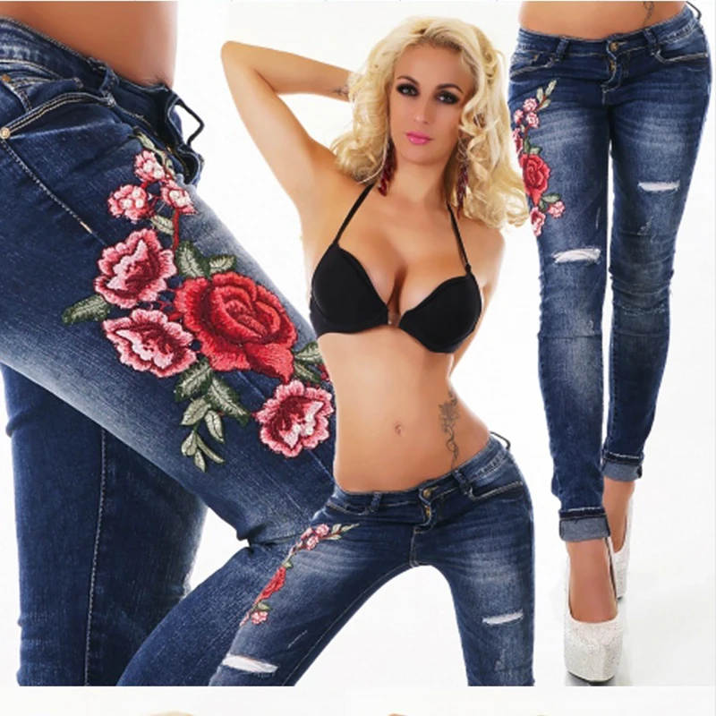 High street Стильные узкие джинсы с вышивкой, женские джинсы, эластичные рваные джинсы с дырками для женщин