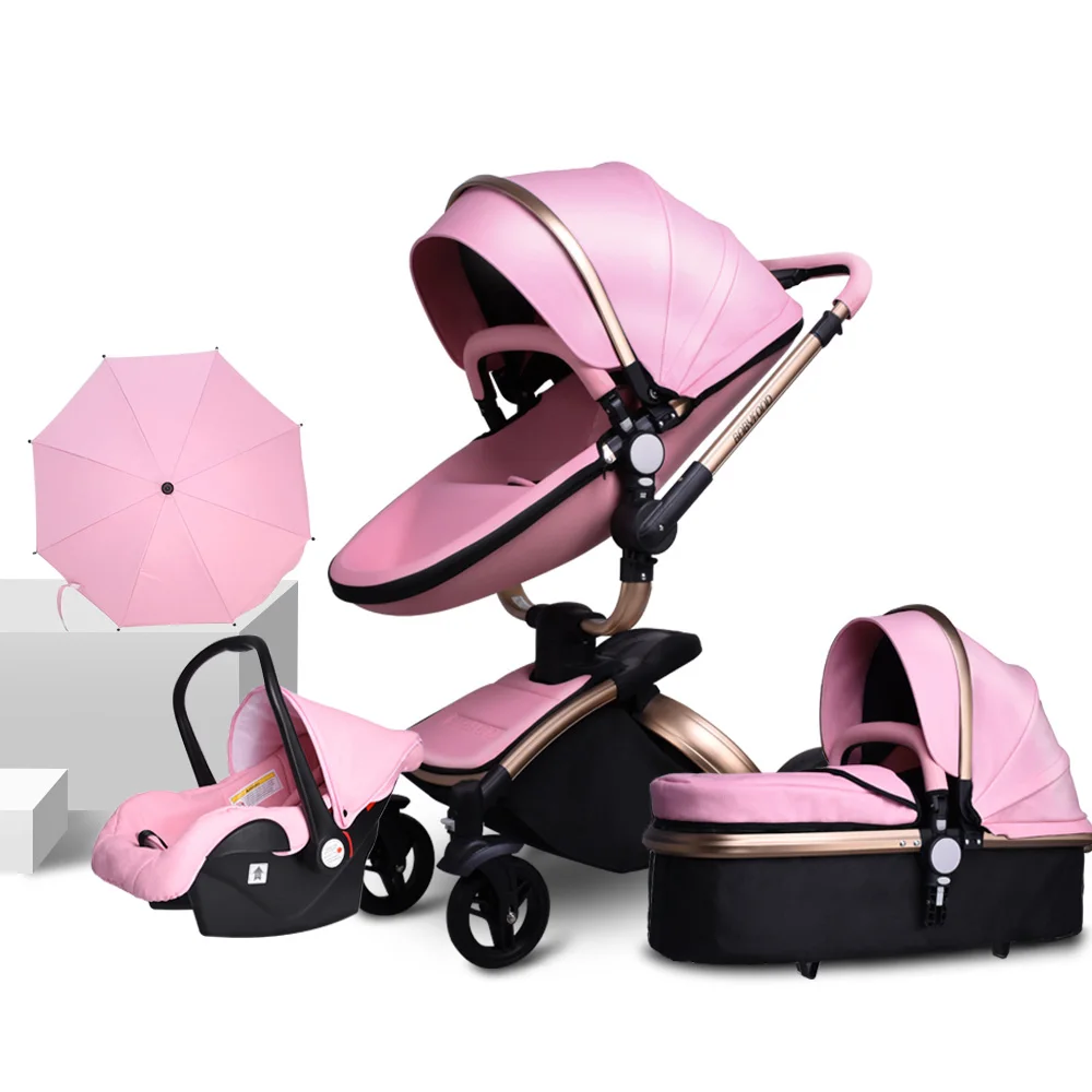 Искусственная кожа, для новорожденных перевозка Золотая оправа Детские коляски 360 градусов вращения высокая Ландшафтная 3in1 коляска внедорожник Подвеска 6 подарок - Цвет: Gold frame pink N