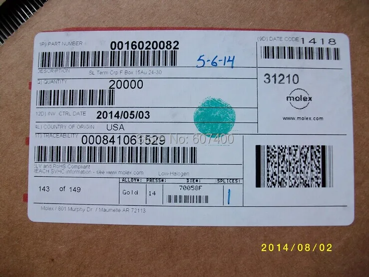 Соединители 0016020082 CONN TERM FEMALE 24-30AWG 15GOLD 1602-0082 MOLEX клеммы 16020082 100% новые и оригинальные