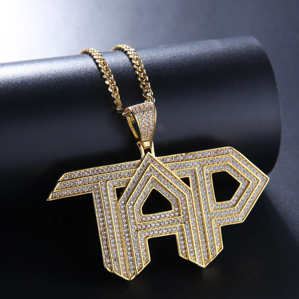 

Gold Bling Zircon Stone TAP Pendant Long Chain Necklace for Man Hip Hop Jewelry 2019 New