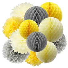 Pack of 12 Tissue Paper Pom Pom Yellow Grey Cream Tissue Paper Honeycomb Balls Paper Lanterns Paper Decorations for Baby Shower