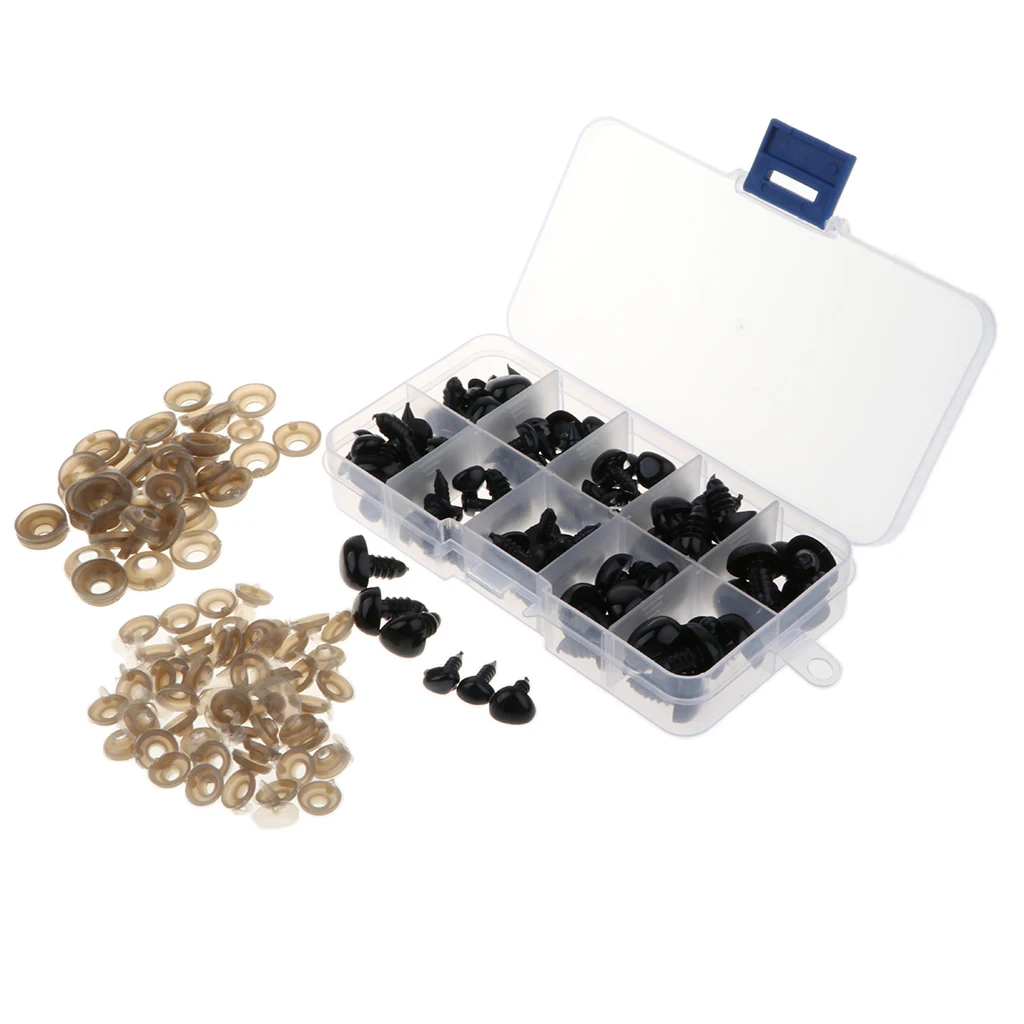 Box of 100 Pieces 7-13mm Plastic Safety Eyes Noses with Washers for Puppet Bear Doll Animal Stuffed Toys DIY Sewing Craft Black