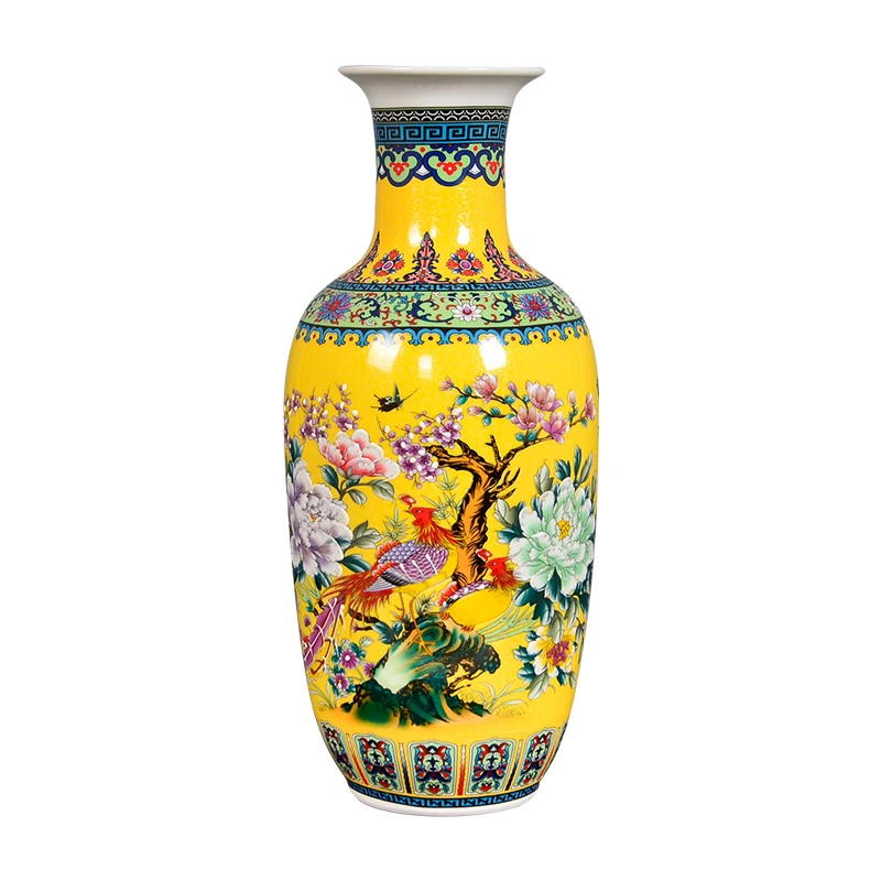 

Jingdezhen Antique Enamel Big Floor Vase With Flowers And Birds Pattern Ancient Ming and Qing Porcelain