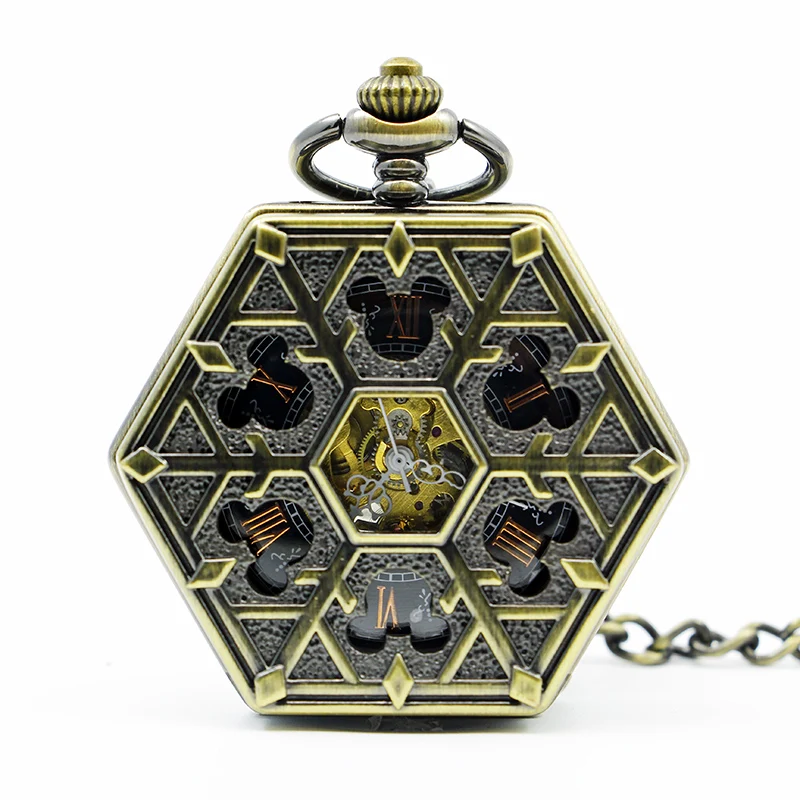 

Fashion Antique&Vintage Hollow Mouse Hexagon Mechanical Pocket Watches Hand-winding with Men Women Fob Chian PJX1268