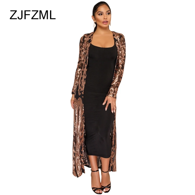 remarkable  ZJFZML Women Elegant Sequined Jacket Sexy Mesh See Through Long Coat Spring Autumn Full Sleeve Maxi