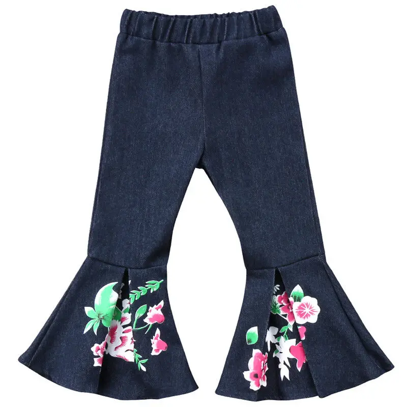 Toddler Kids Baby Girl Bell Bottoms Pants Denim Loose Flare Pants Jeans Trousers Flower Fashion