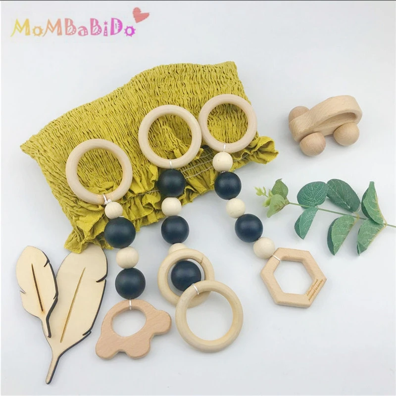 wonderful 3Pcs Wood Baby Play Gym Can Chew Beech Baby Teething Beads Wooden Shower Gift Bed Toys Child Teethe