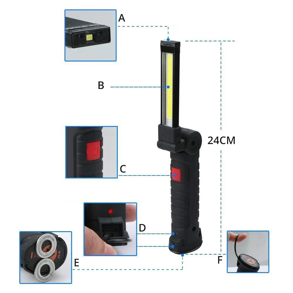 USB Перезаряжаемый COB светодиодный светильник-вспышка рабочий светильник инспекционный светильник 5 режимов задний магнит дизайн подвесной фонарь 2 размера водонепроницаемый