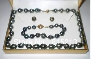 

Free shipping ddh0016 A Set 15-16mm natural tahitian black pearl necklace bracelet earring