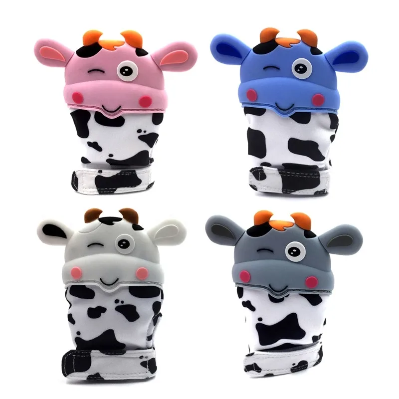 Baby Cow Shape Teether Gloves Safe Silicone Teething Mitts Infant