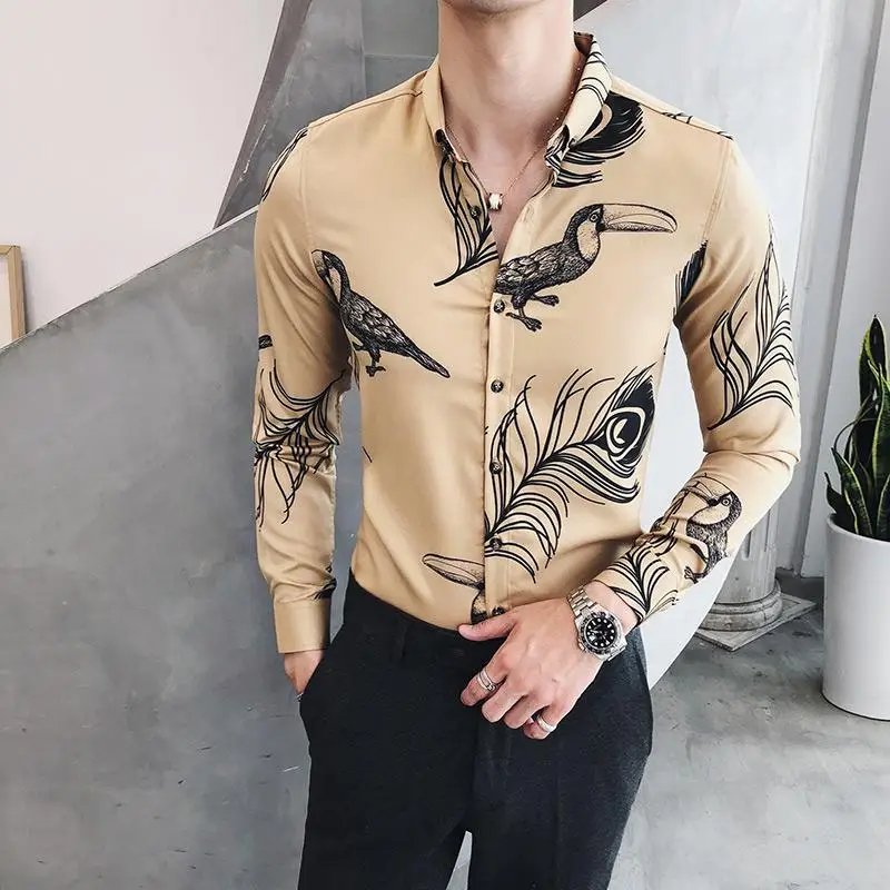

Social Shirts Man Birds flowers Fashion Long sleeve Blouse Men's clothing Dress Mens Shirts Fashion High Quality Luxury