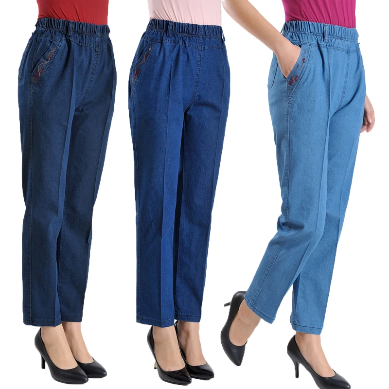 Джинсы женские весенне-летние повседневные джинсовые брюки пятидесяти лет Высокая талия тонкие джинсы матери вышивка прямые джинсы 9 Капри